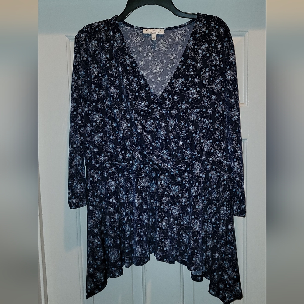Navy Polka-dot Surplice Top with Handkerchief Hem